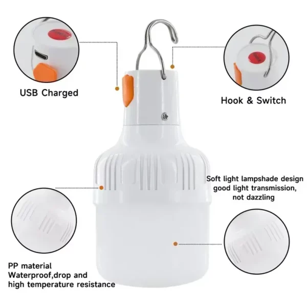 60W Emergency Light Outdoor Camping Supplies Edc Outdoor USB Rechargeable LED Light Bulb Lantern Hiking Sports Entertainment - Image 5